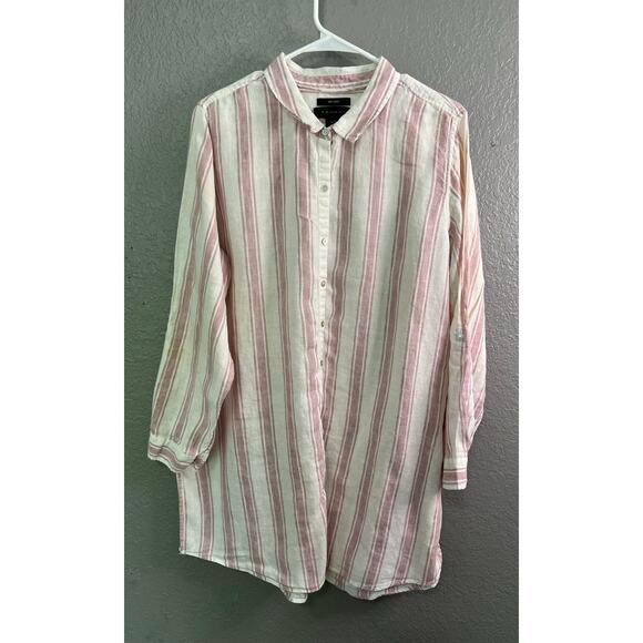 Tahari Tunic Beachy Linen Shirt 1X White Brown Stripe Roll Tab Button Up Casual - Picture 1 of 11